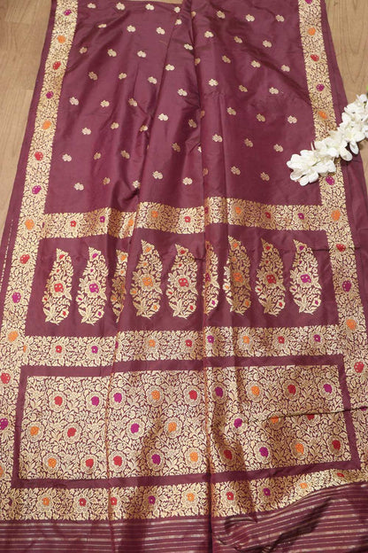 Exquisite Maroon Handloom Banarasi Pure Katan Silk Kadwa Meenakari Saree - Luxurion World