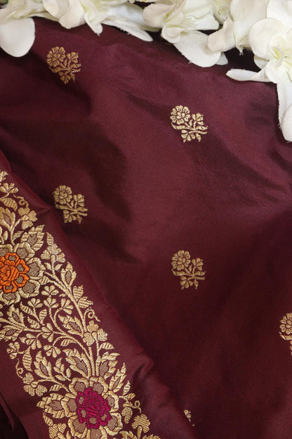 Exquisite Maroon Handloom Banarasi Pure Katan Silk Kadwa Meenakari Saree - Luxurion World