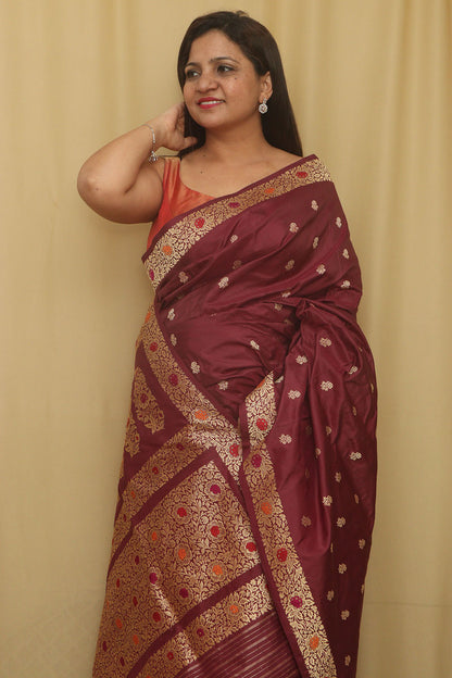Exquisite Maroon Handloom Banarasi Pure Katan Silk Kadwa Meenakari Saree - Luxurion World