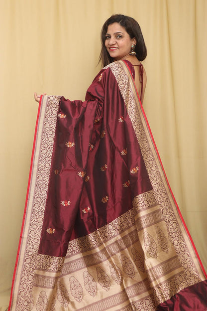 Elegant Maroon Handloom Banarasi Pure Katan Silk Kadwa Meenakari Saree - Luxurion World
