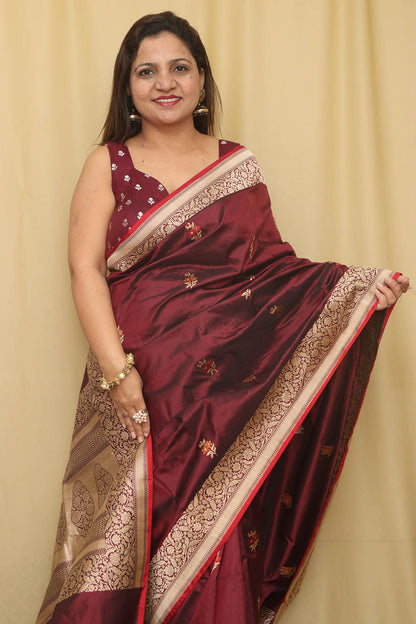 Elegant Maroon Handloom Banarasi Pure Katan Silk Kadwa Meenakari Saree - Luxurion World
