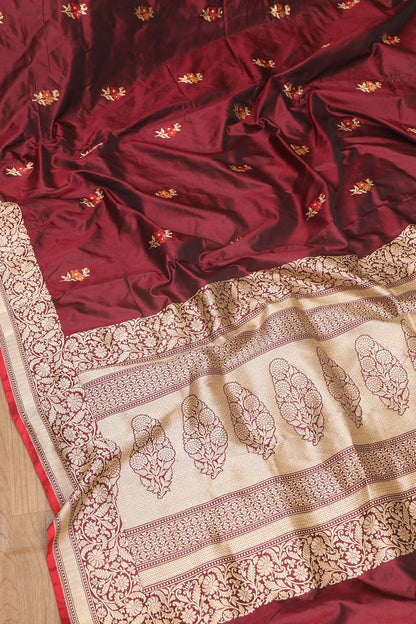 Elegant Maroon Handloom Banarasi Pure Katan Silk Kadwa Meenakari Saree - Luxurion World