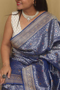 Elegant Blue Handloom Banarasi Pure Katan Silk Kadwa Meenakari Saree - Luxurion World
