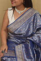 Elegant Blue Handloom Banarasi Pure Katan Silk Kadwa Meenakari Saree - Luxurion World