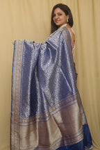 Elegant Blue Handloom Banarasi Pure Katan Silk Kadwa Meenakari Saree - Luxurion World