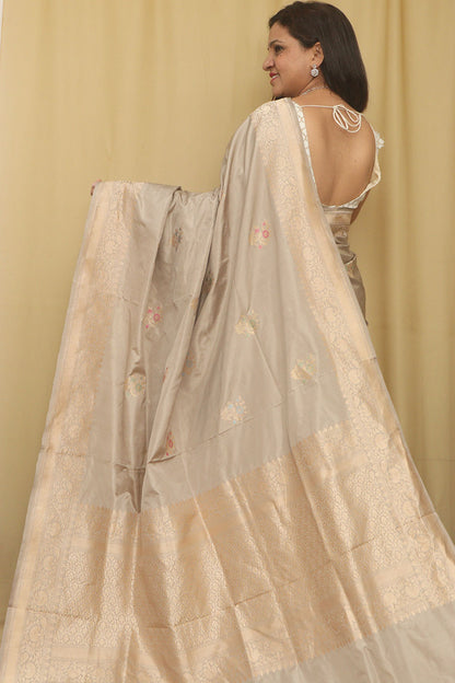 Elegant Pastel Handloom Banarasi Pure Katan Silk Kadwa Meenakari Saree - Luxurion World