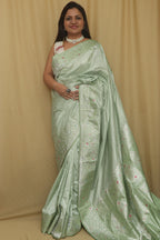 Exquisite Green Handloom Banarasi Pure Katan Silk Kadwa Meenakari Saree - Luxurion World