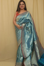 Exquisite Blue Handloom Banarasi Pure Katan Silk Kadwa Saree - Luxurion World