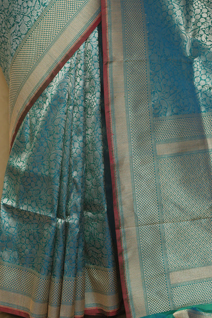 Exquisite Blue Handloom Banarasi Pure Katan Silk Kadwa Saree - Luxurion World