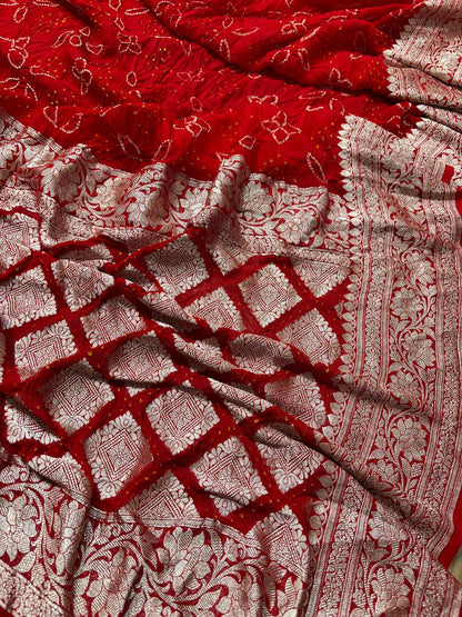 Stunning Red Bandhani Pure Georgette Saree - Luxurion World