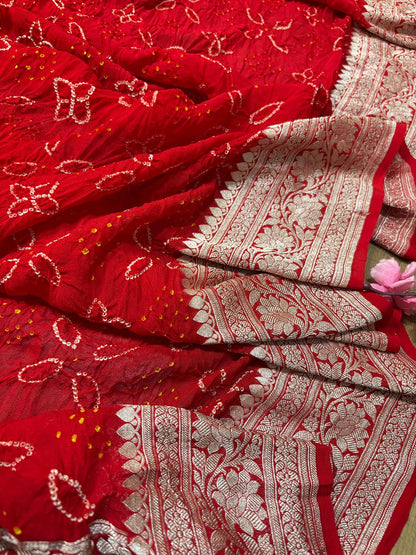Stunning Red Bandhani Pure Georgette Saree - Luxurion World