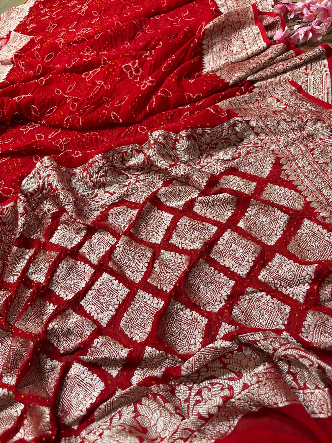 Stunning Red Bandhani Pure Georgette Saree - Luxurion World