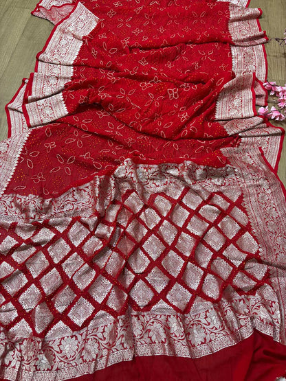 Stunning Red Bandhani Pure Georgette Saree - Luxurion World