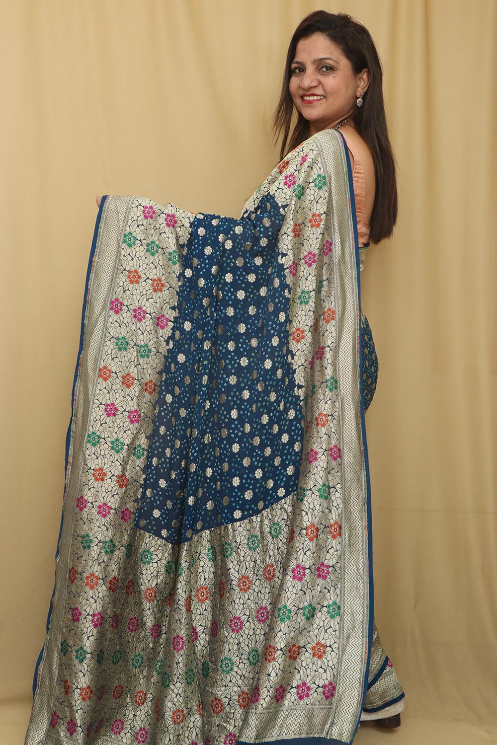 Blue Banarasi Bandhani Pure Georgette Meenakari Saree - Luxurion World