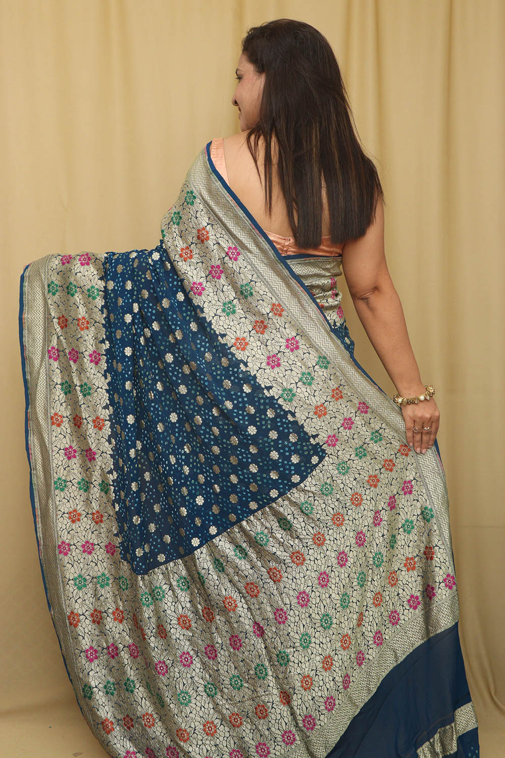 Blue Banarasi Bandhani Pure Georgette Meenakari Saree - Luxurion World