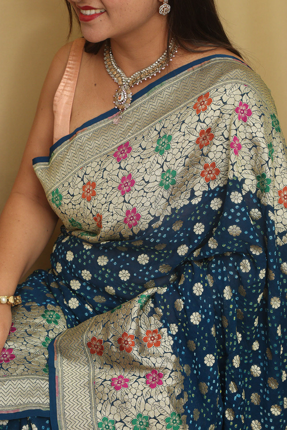 Blue Banarasi Bandhani Pure Georgette Meenakari Saree - Luxurion World