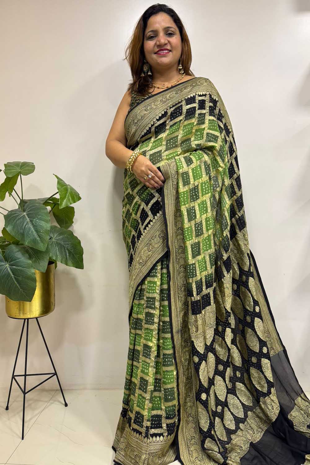 Green And Black Banarasi Bandhani Pure Georgette Saree - Luxurion World
