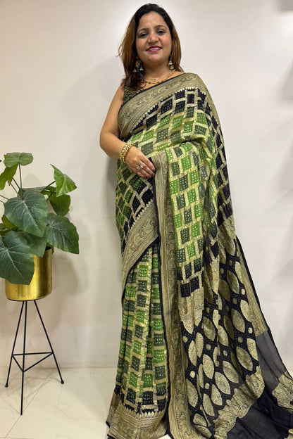 Green And Black Banarasi Bandhani Pure Georgette Saree - Luxurion World