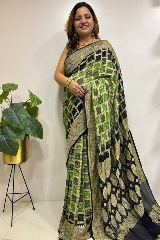 Green And Black Banarasi Bandhani Pure Georgette Saree - Luxurion World