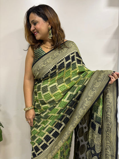 Green And Black Banarasi Bandhani Pure Georgette Saree - Luxurion World