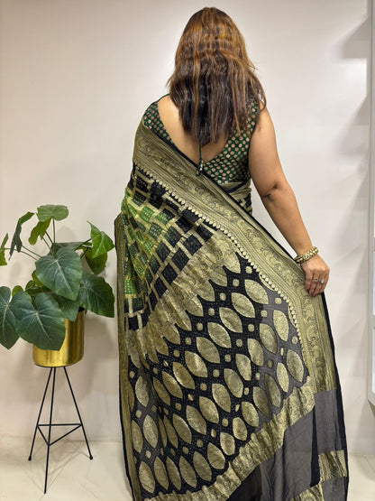 Green And Black Banarasi Bandhani Pure Georgette Saree - Luxurion World