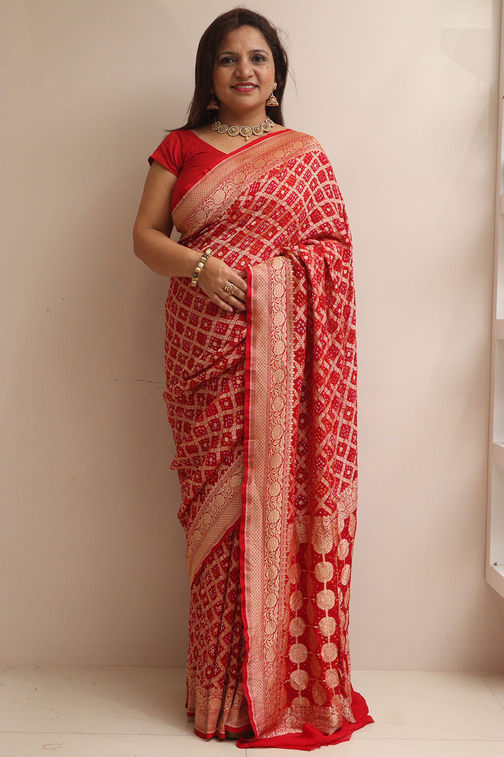 Stunning Red Banarasi Bandhani Pure Georgette Saree - Luxurion World