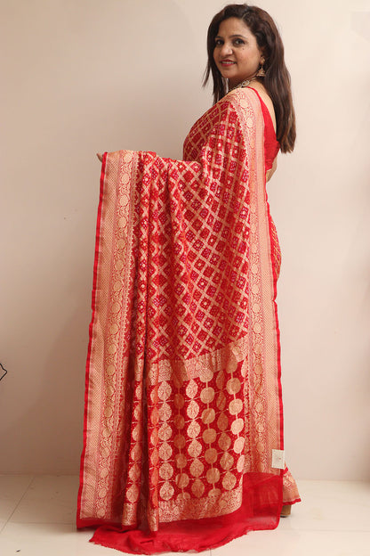 Stunning Red Banarasi Bandhani Pure Georgette Saree - Luxurion World