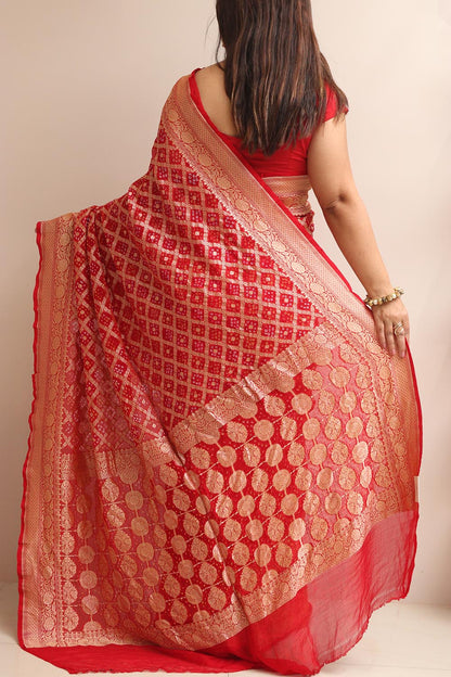 Stunning Red Banarasi Bandhani Pure Georgette Saree - Luxurion World