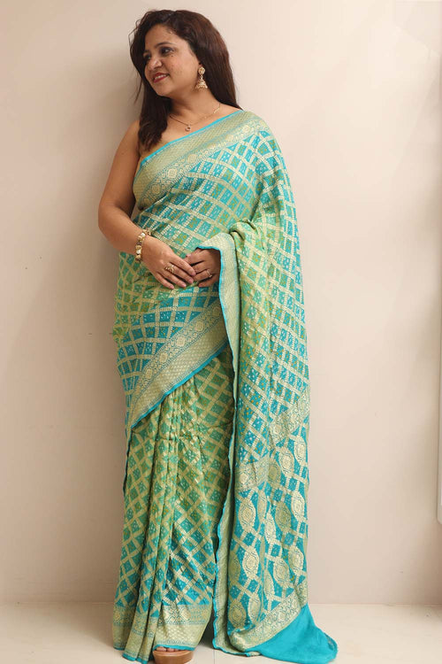 Blue & Green Banarasi Bandhani Pure Georgette Saree - Luxurion World