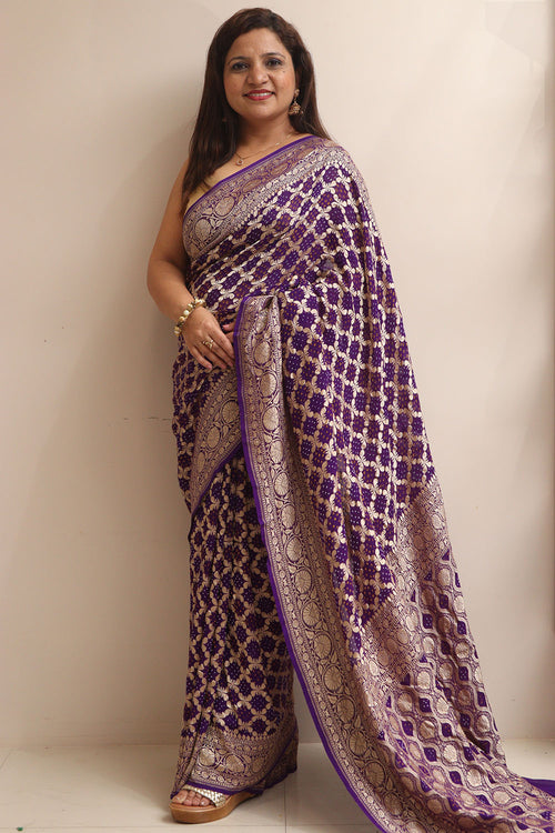 Exquisite Purple Banarasi Bandhani Pure Georgette Saree - Luxurion World