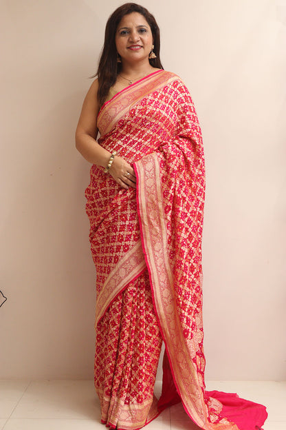 Stunning Pink Banarasi Bandhani Pure Georgette Saree - Luxurion World