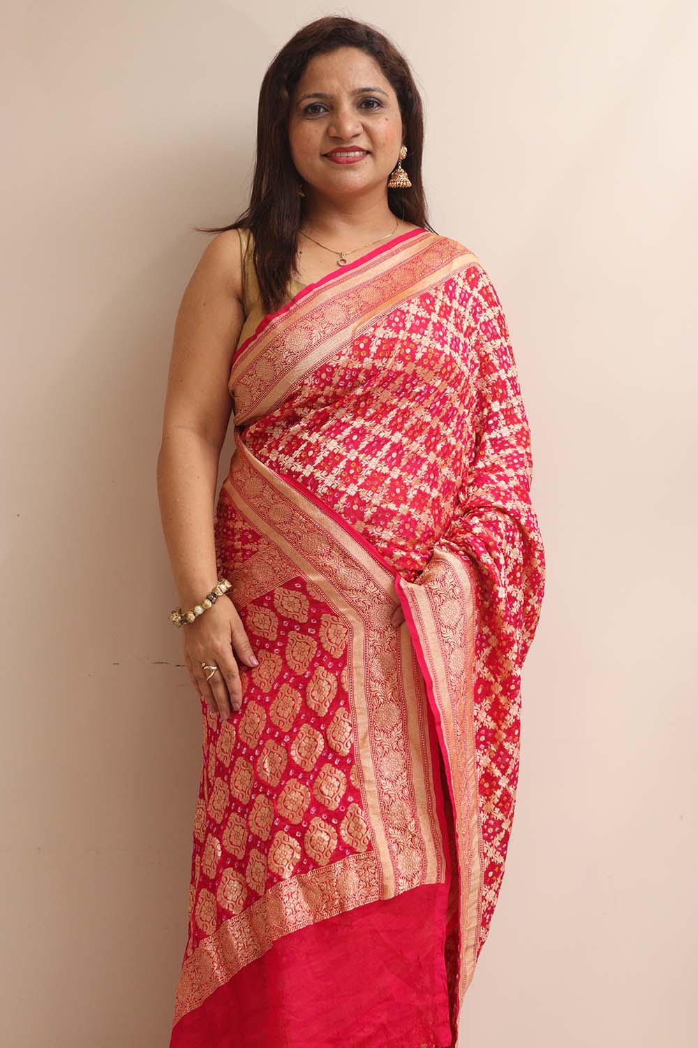Stunning Pink Banarasi Bandhani Pure Georgette Saree - Luxurion World
