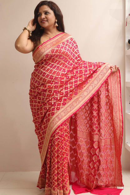 Stunning Pink Banarasi Bandhani Pure Georgette Saree - Luxurion World