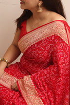 Red Banarasi Bandhani Pure Georgette Shikari Bandhej Saree - Luxurion World