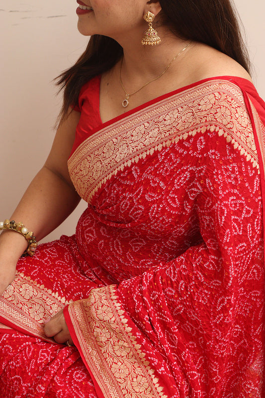 Red Banarasi Bandhani Pure Georgette Shikari Bandhej Saree - Luxurion World
