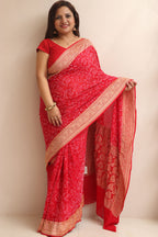 Red Banarasi Bandhani Pure Georgette Shikari Bandhej Saree - Luxurion World