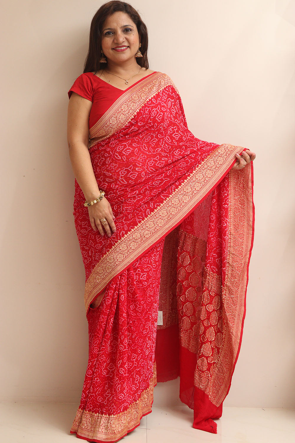 Red Banarasi Bandhani Pure Georgette Shikari Bandhej Saree - Luxurion World
