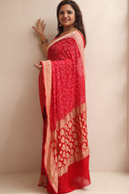 Red Banarasi Bandhani Pure Georgette Shikari Bandhej Saree - Luxurion World