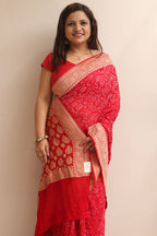 Red Banarasi Bandhani Pure Georgette Shikari Bandhej Saree - Luxurion World