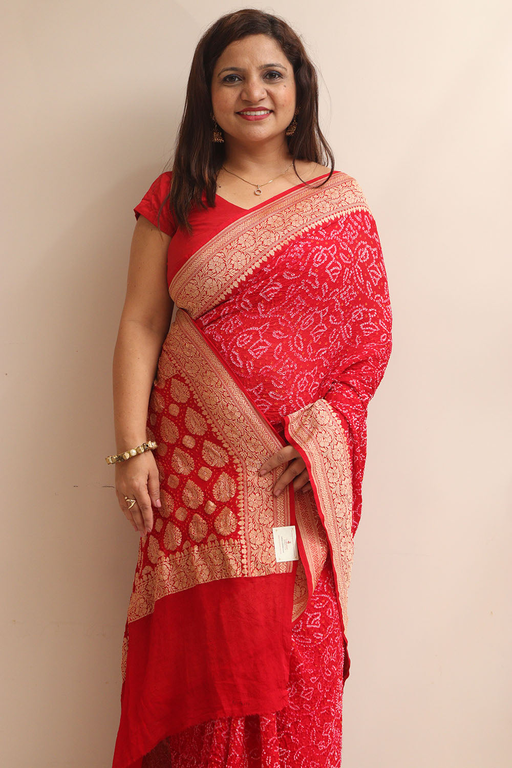 Red Banarasi Bandhani Pure Georgette Shikari Bandhej Saree - Luxurion World