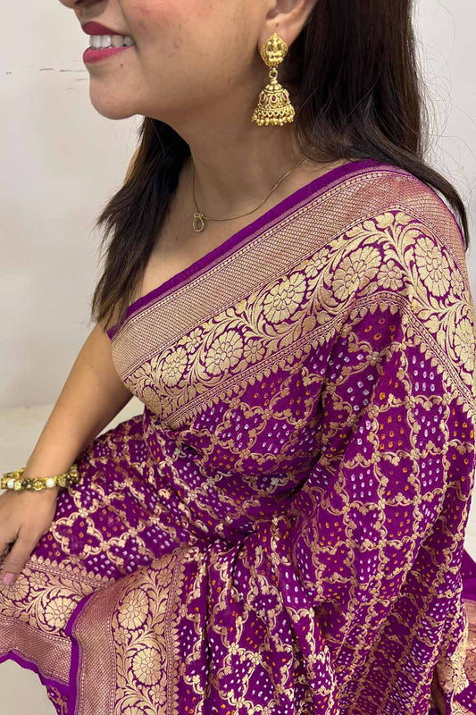 Exquisite Purple Banarasi Bandhani Pure Georgette Saree - Luxurion World