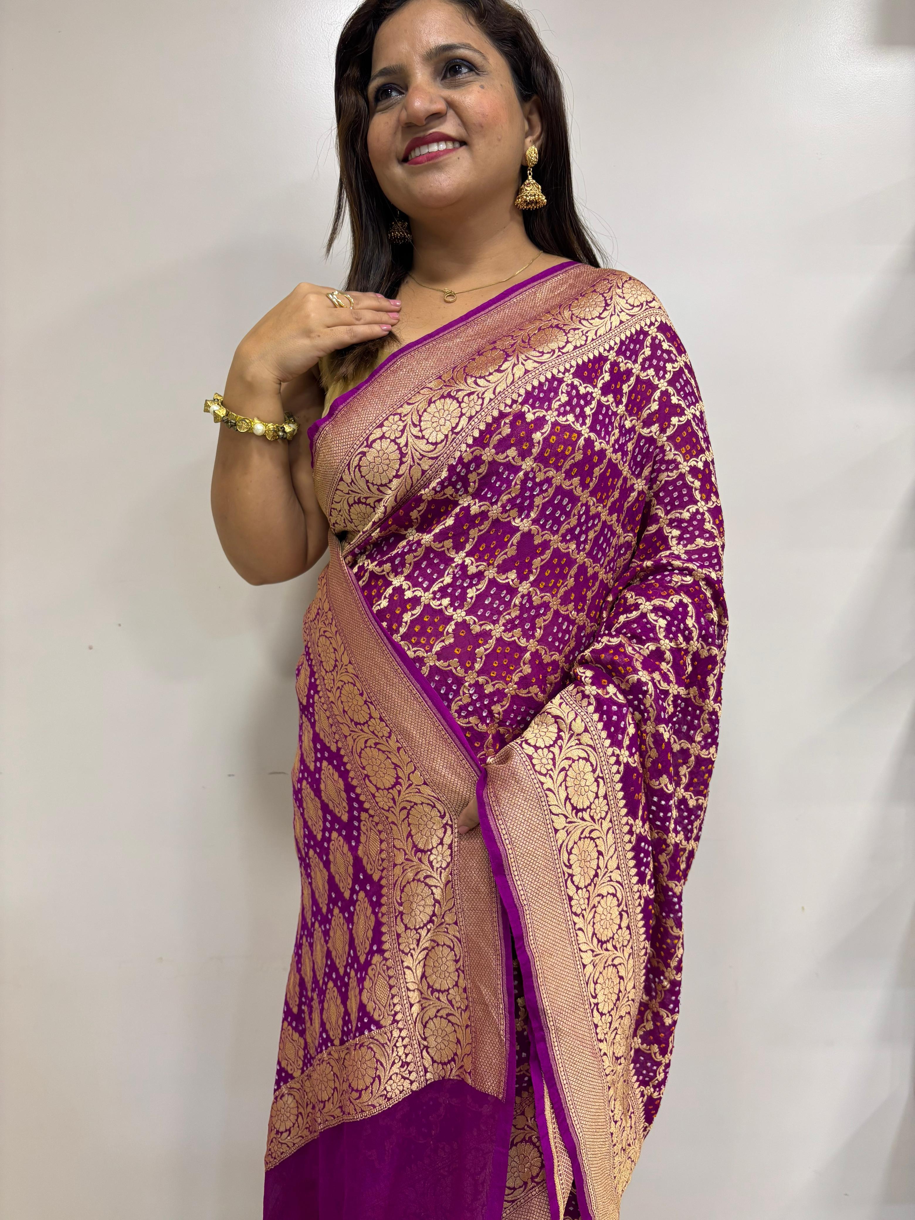 Exquisite Purple Banarasi Bandhani Pure Georgette Saree - Luxurion World