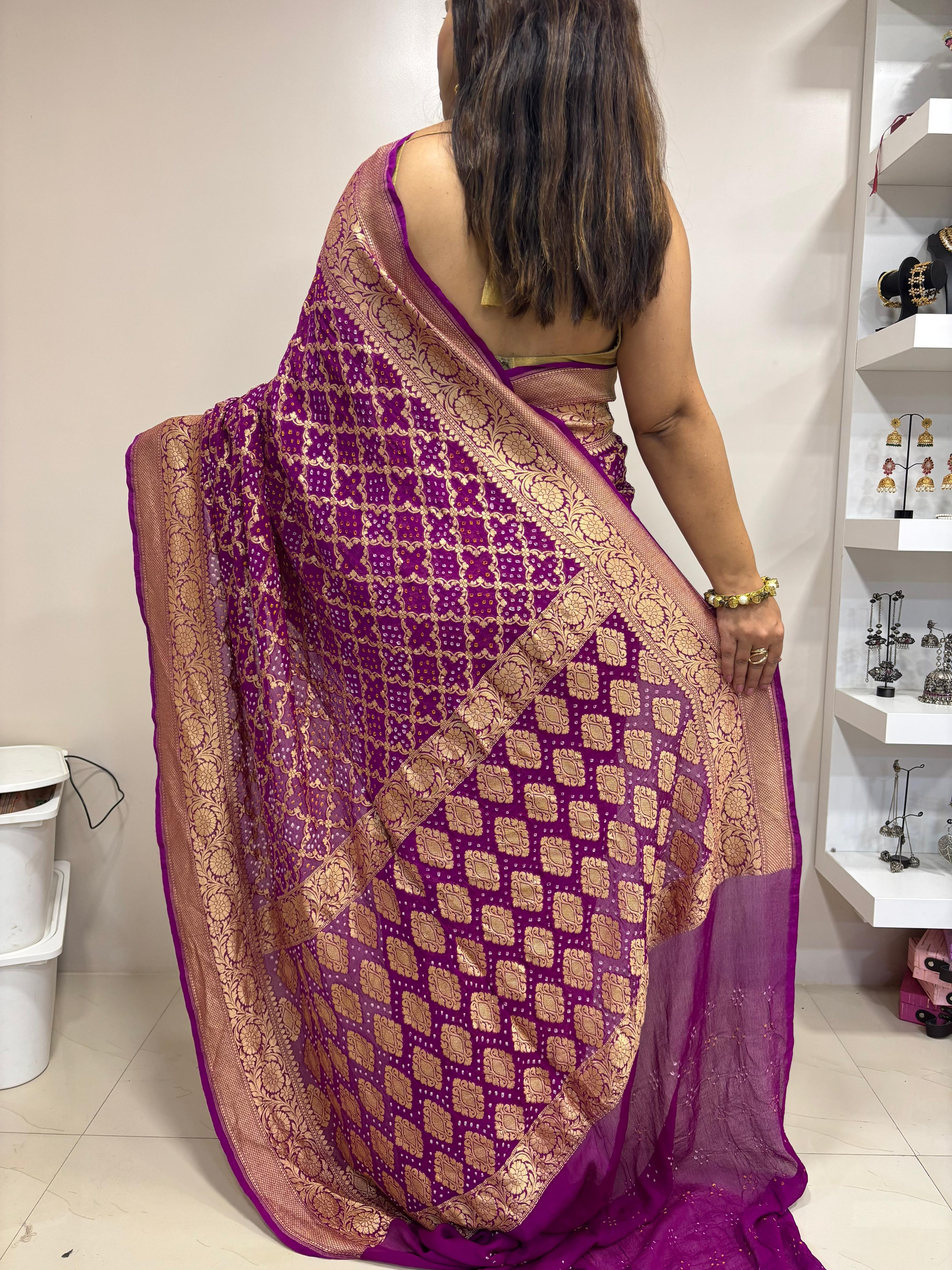 Exquisite Purple Banarasi Bandhani Pure Georgette Saree - Luxurion World