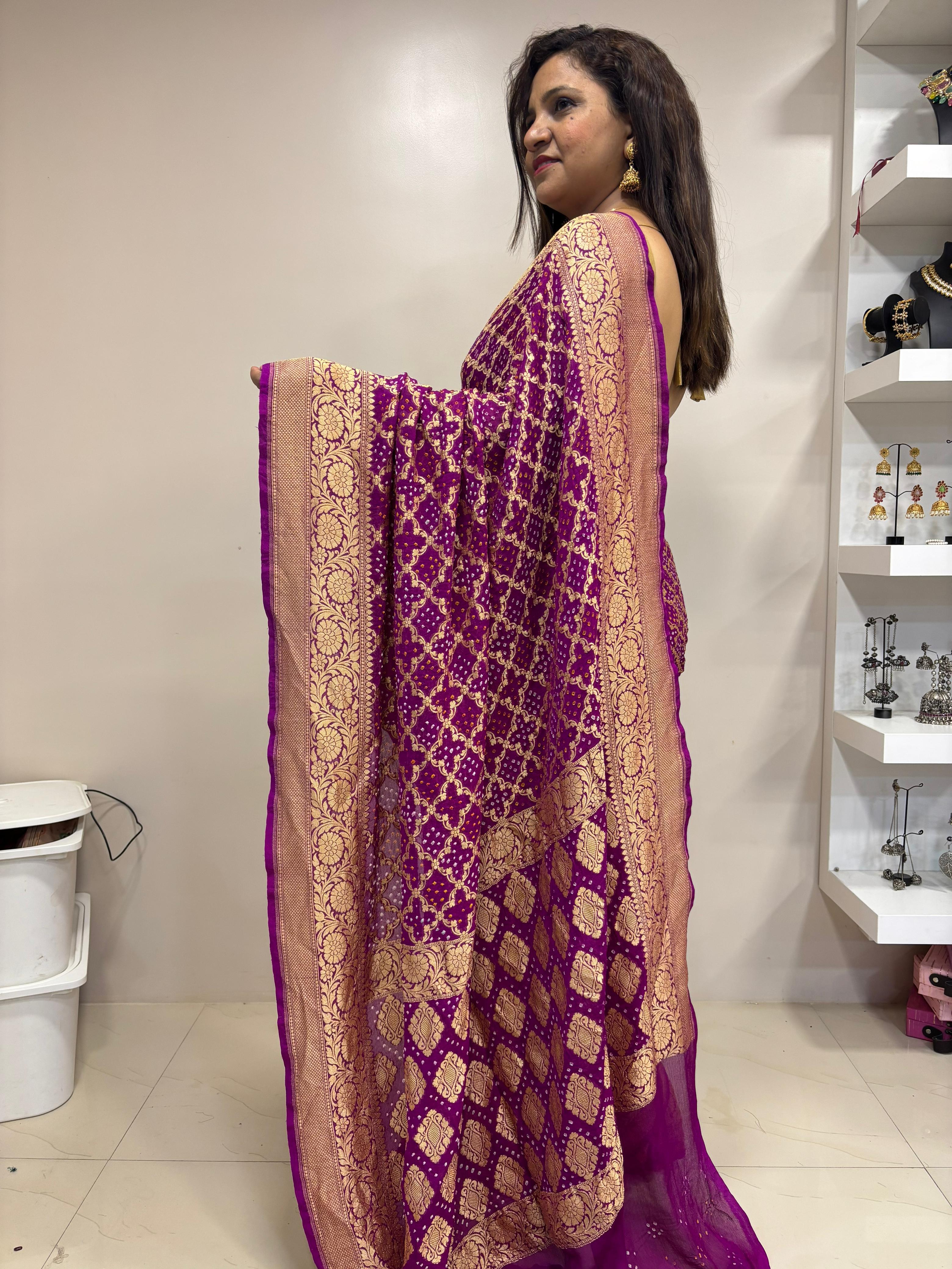 Exquisite Purple Banarasi Bandhani Pure Georgette Saree - Luxurion World