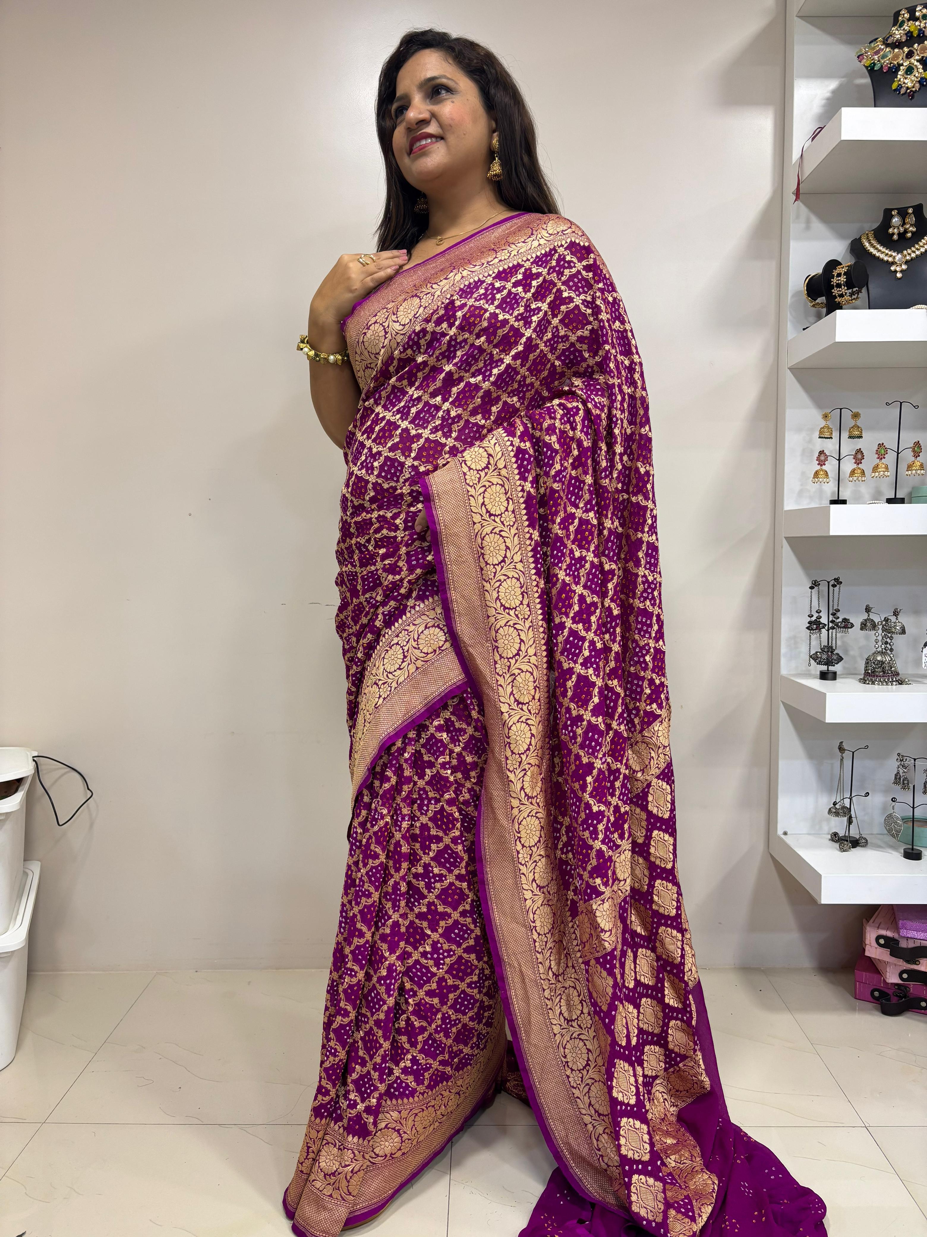 Exquisite Purple Banarasi Bandhani Pure Georgette Saree - Luxurion World