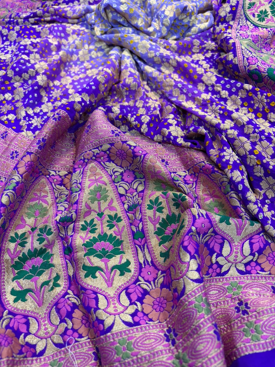Purple And Grey Blue Pure Georgette Banarasi Bandhani Meenakari Saree