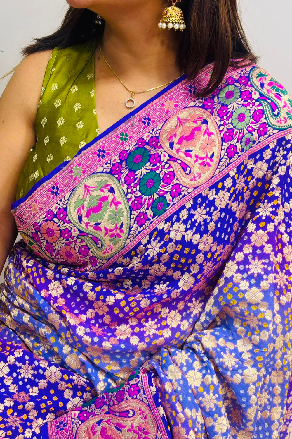 Purple And Grey Blue Pure Georgette Banarasi Bandhani Meenakari Saree