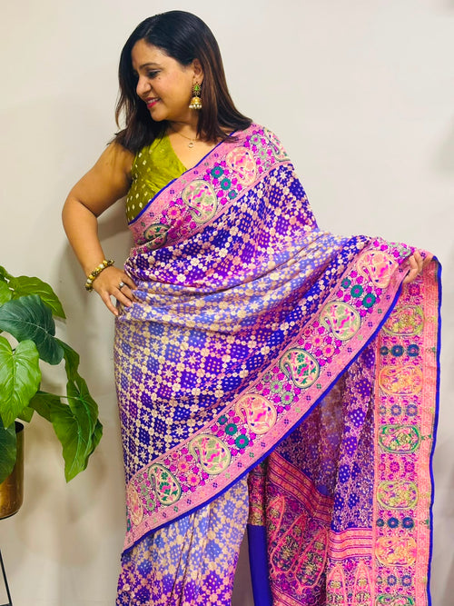 Purple And Grey Blue Pure Georgette Banarasi Bandhani Meenakari Saree