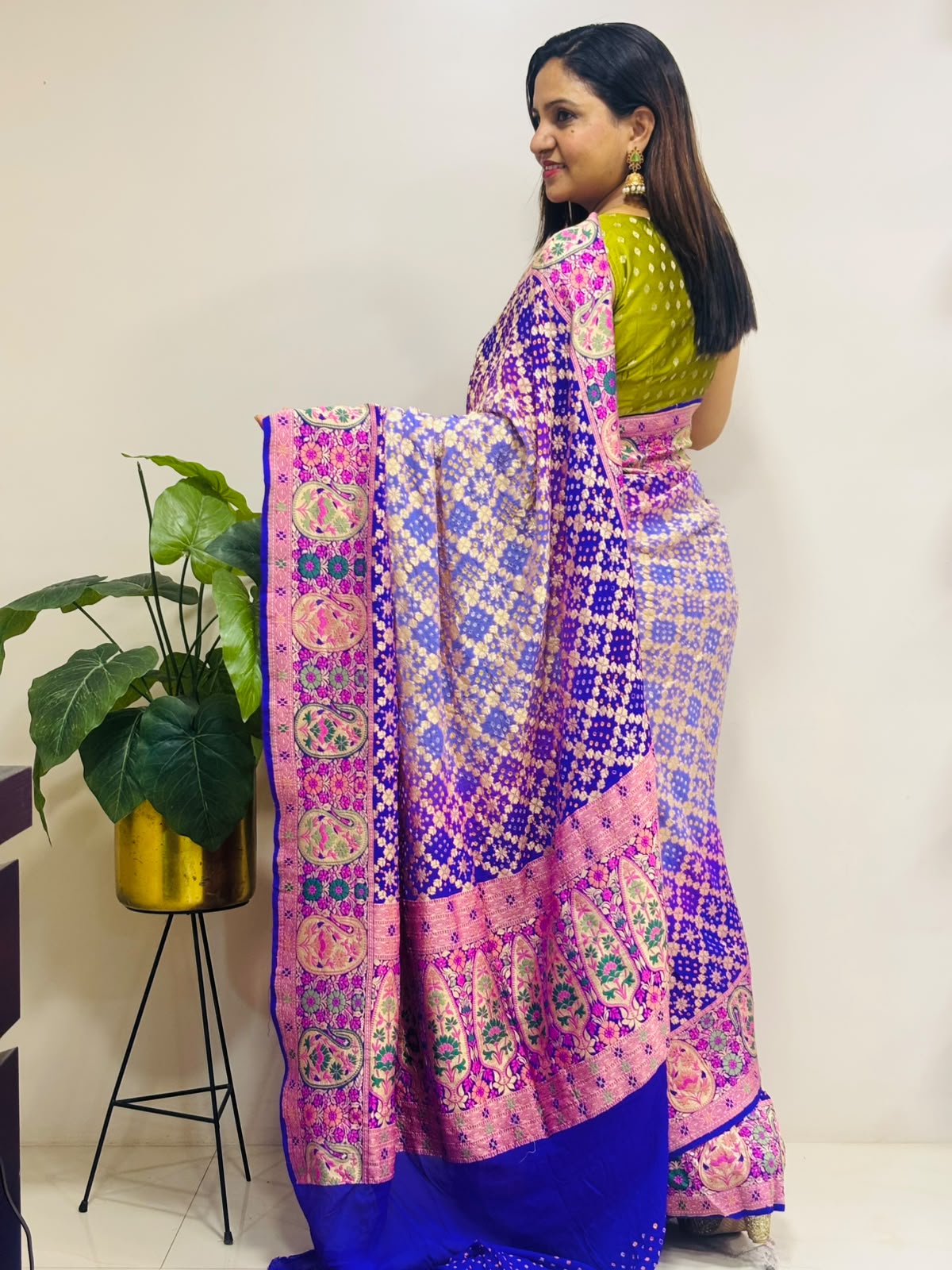 Purple And Grey Blue Pure Georgette Banarasi Bandhani Meenakari Saree