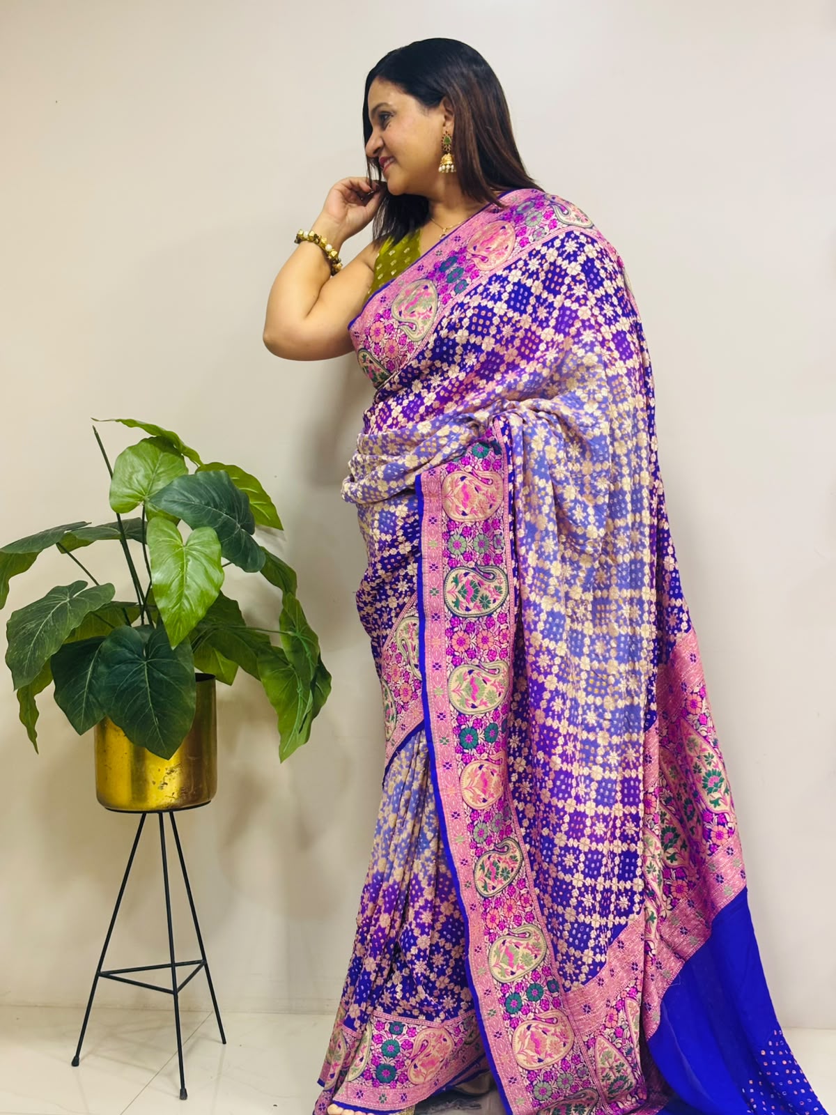 Purple And Grey Blue Pure Georgette Banarasi Bandhani Meenakari Saree